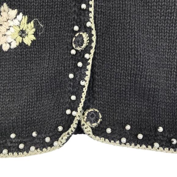 TIARA Vintage 90s Embroidered Knit Cardigan Women L Black Retro Unique Old Money - Picture 7 of 10
